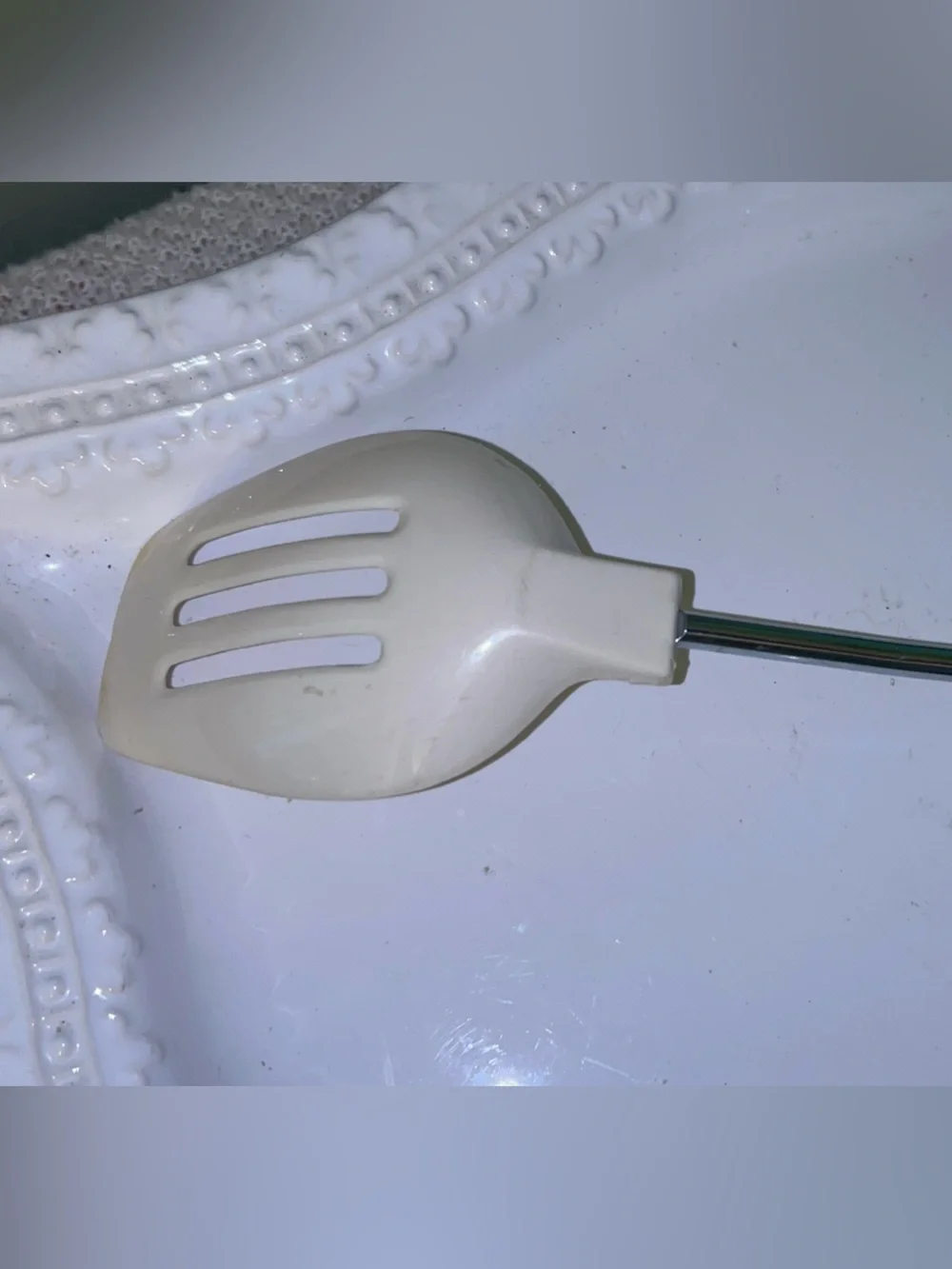 Vintage White Slotted Serving Spoon